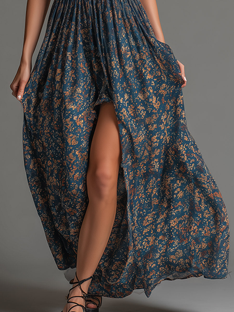 Evadine | Retro Bohemian Teal Floral Printed Chiffon Sleeveless Maxi Dress