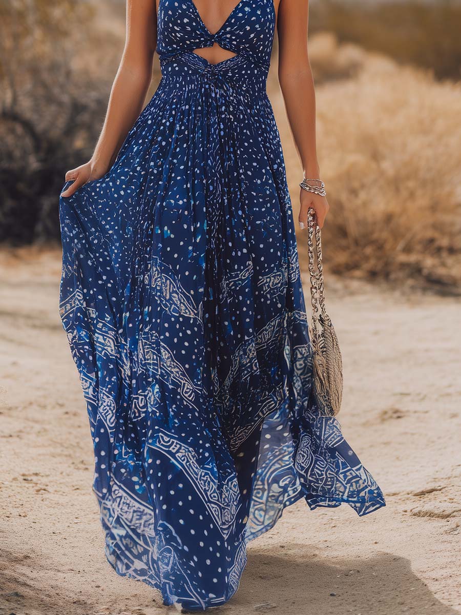 Azalea | Bohemian Vacation-Style Flowy V-Neck Printed Dark Blue Chiffon Maxi Dress