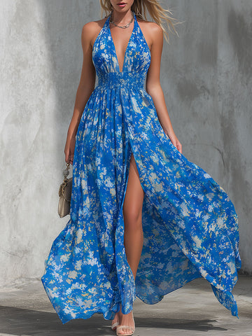 Genevieve | Elegant Retro-print Blue Halter Neck Chiffon Maxi Dress