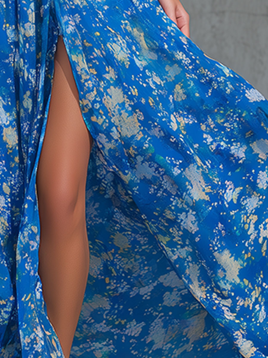 Genevieve | Elegant Retro-print Blue Halter Neck Chiffon Maxi Dress