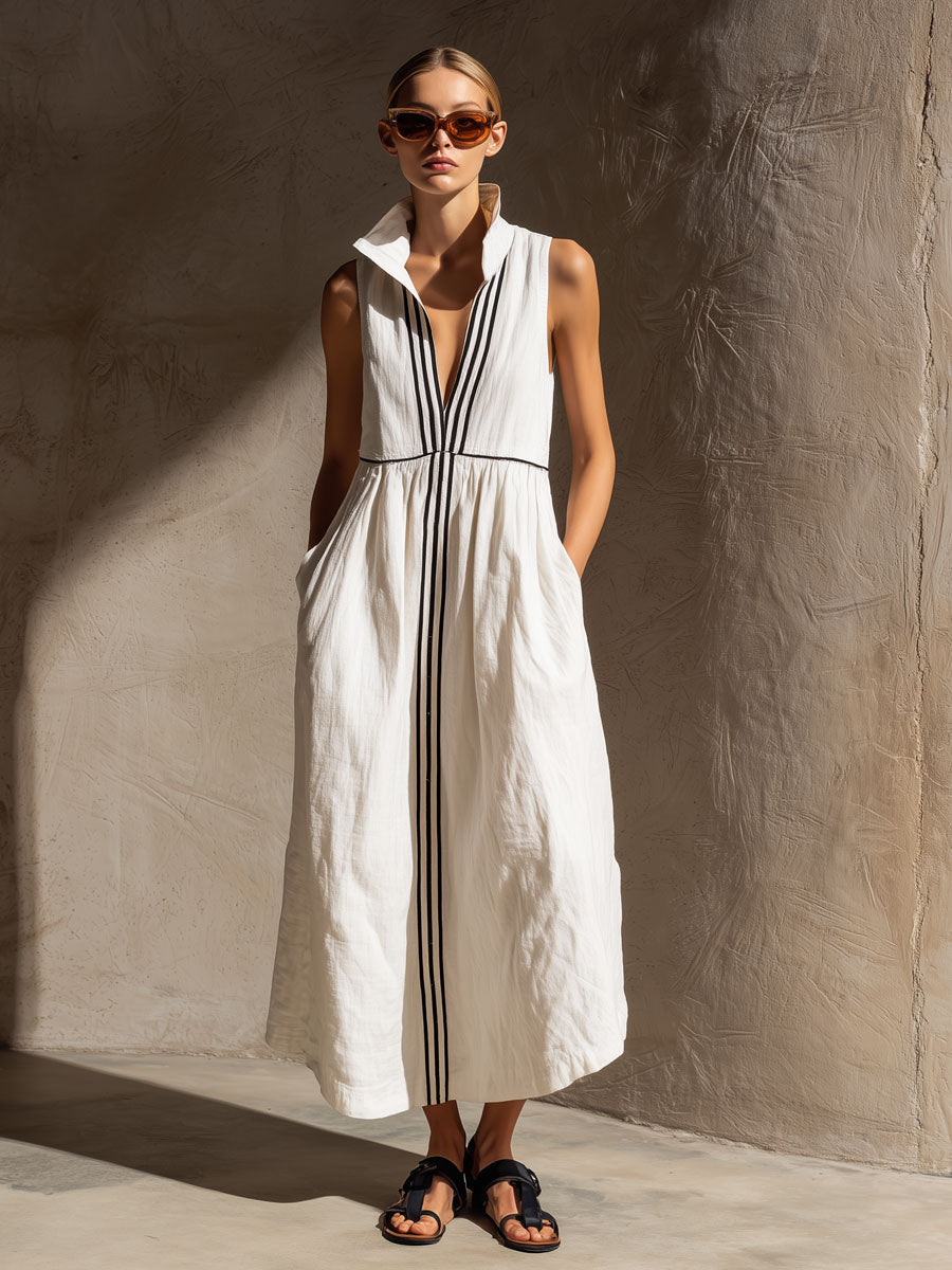 Emmeline | Casual Retro Striped Ribbon White Cotton Linen Sleeveless Midi Dress
