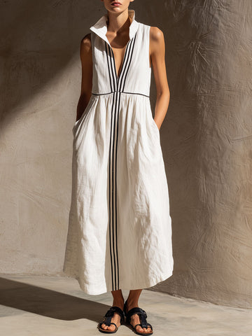 Emmeline | Casual Retro Striped Ribbon White Cotton Linen Sleeveless Midi Dress