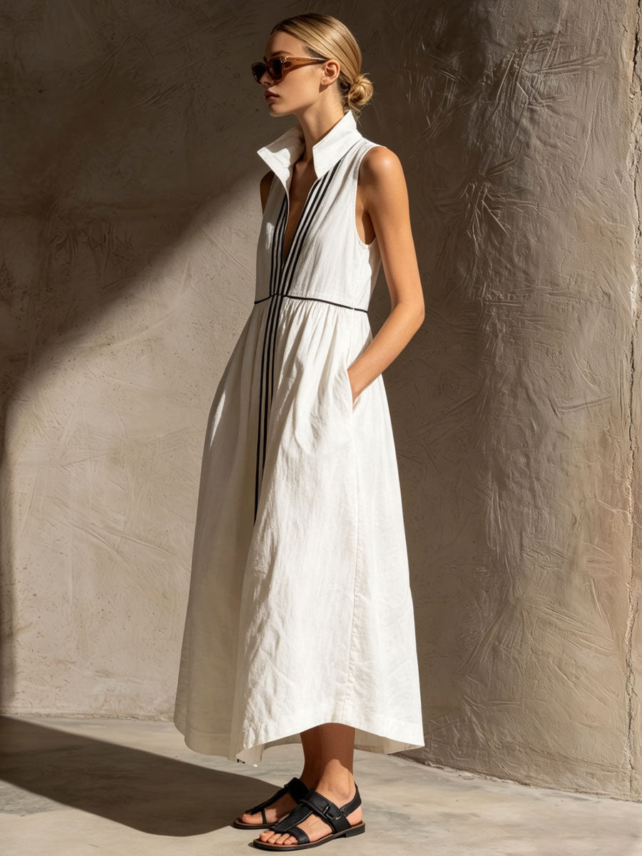 Emmeline | Casual Retro Striped Ribbon White Cotton Linen Sleeveless Midi Dress