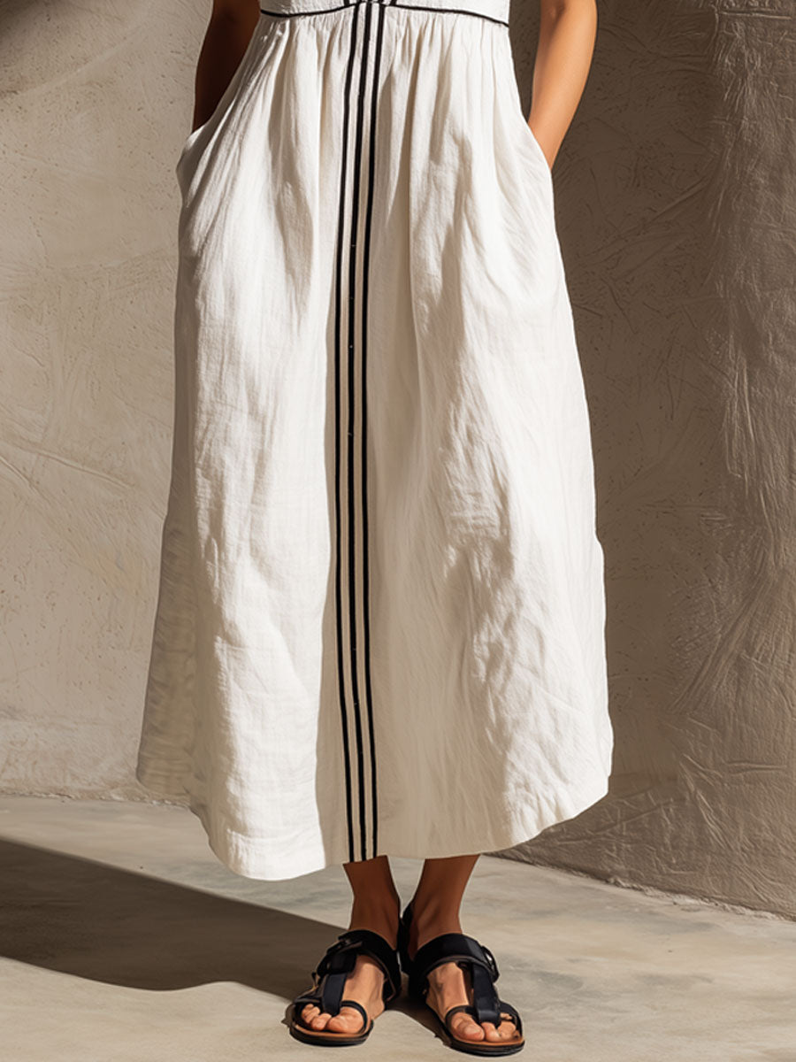 Emmeline | Casual Retro Striped Ribbon White Cotton Linen Sleeveless Midi Dress