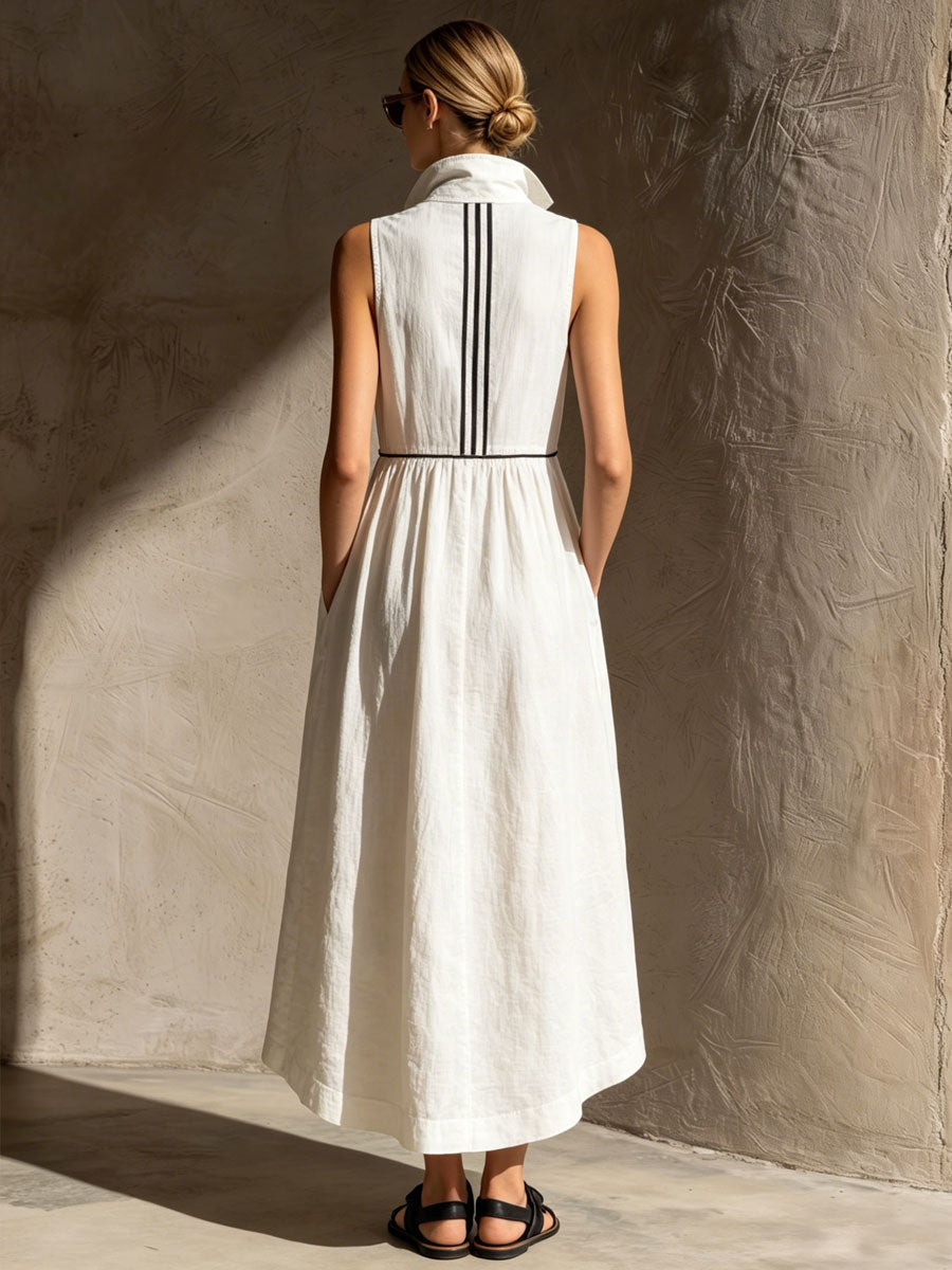 Emmeline | Casual Retro Striped Ribbon White Cotton Linen Sleeveless Midi Dress