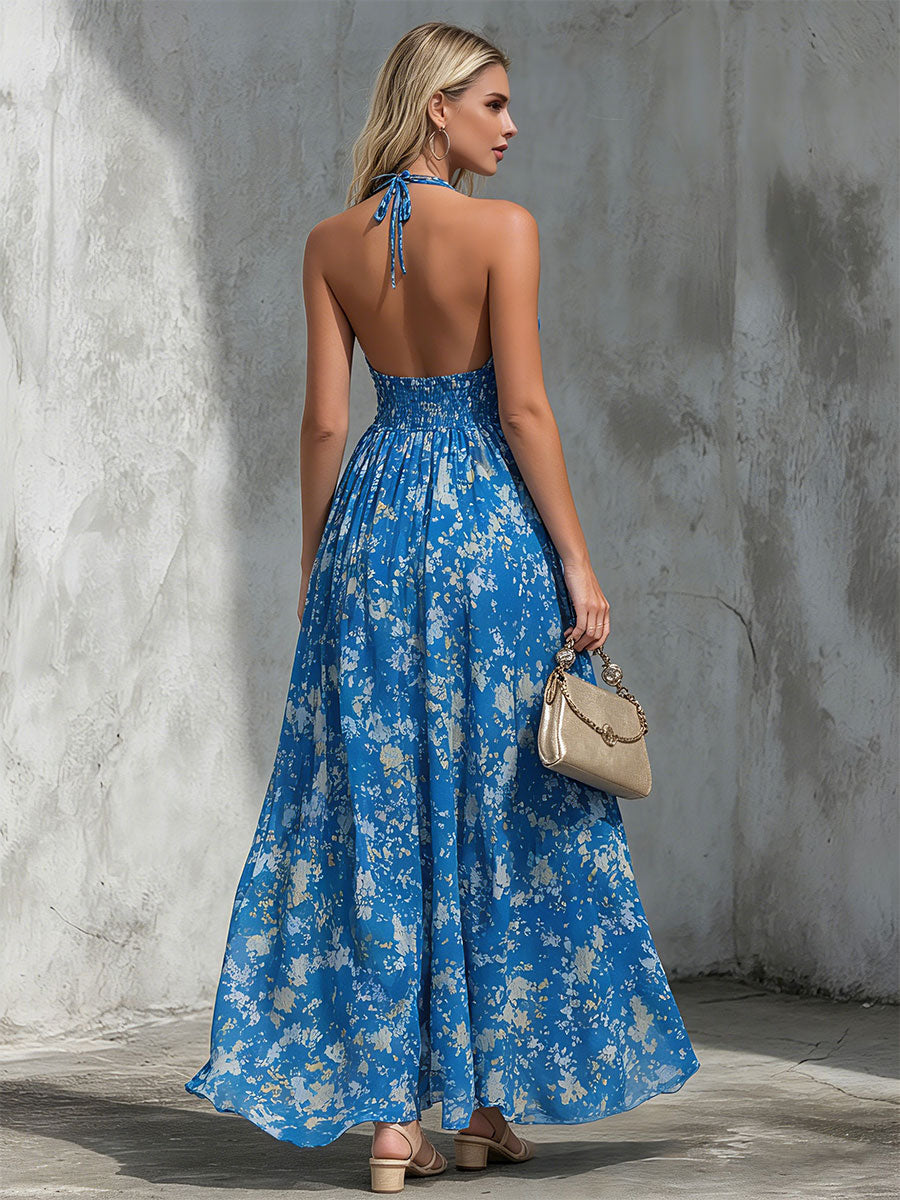 Genevieve | Elegant Retro-print Blue Halter Neck Chiffon Maxi Dress
