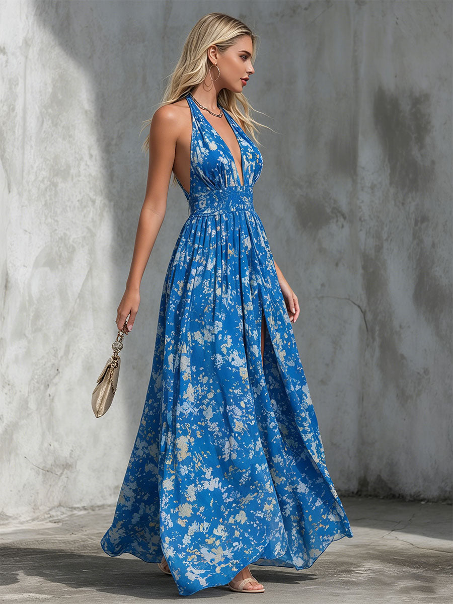 Genevieve | Elegant Retro-print Blue Halter Neck Chiffon Maxi Dress