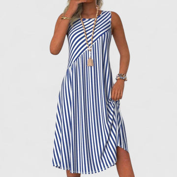 Breezy | Women's Striped Sleeveless Midi Dress Round Neck Summer Dress