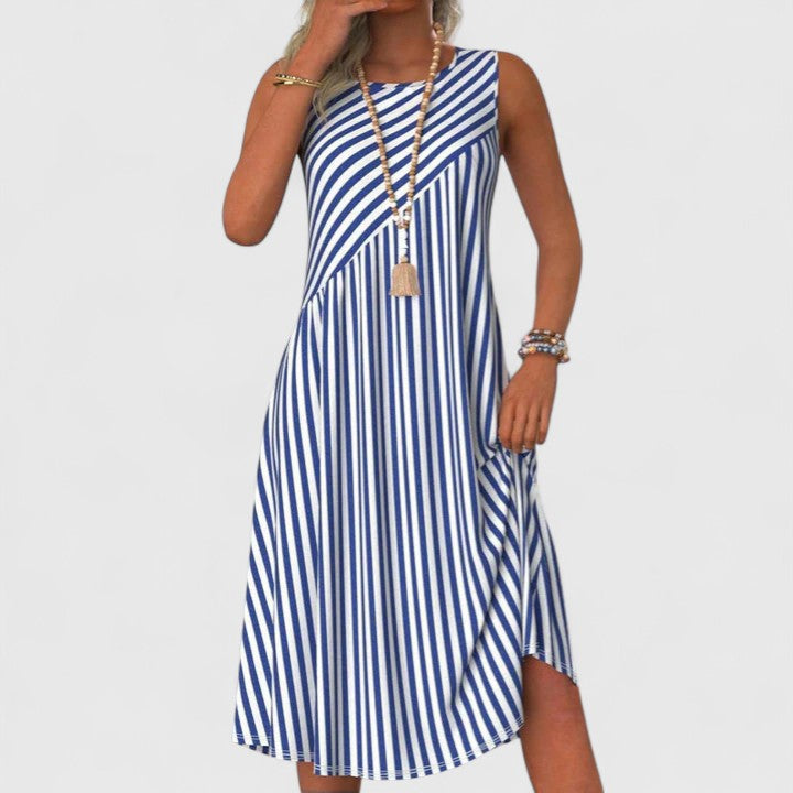 Breezy | Women's Striped Sleeveless Midi Dress Round Neck Summer Dress