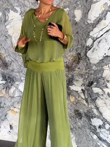 Celeste | Women's V-Neck Jumpsuit with Batwing Sleeves and Wide Legs