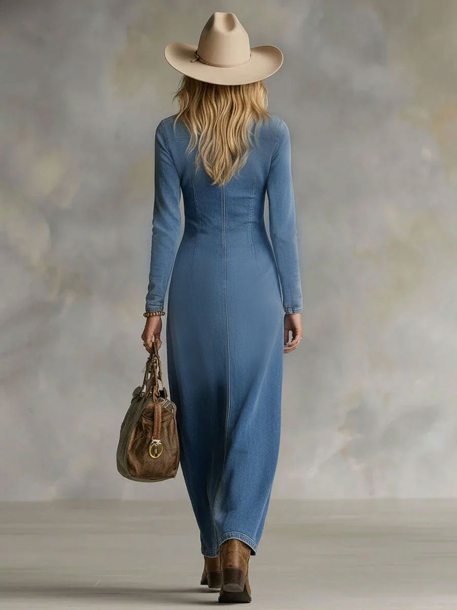 Harlow | V-neck Single-breasted Side-slit Denim Long-sleeved Maxi Dress