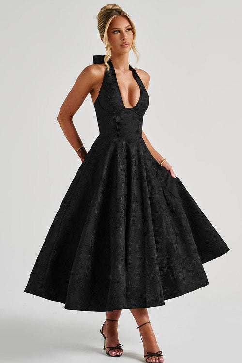Genevieve | V-Neck Halterneck Sleeveless Jacquard Maxi Dress