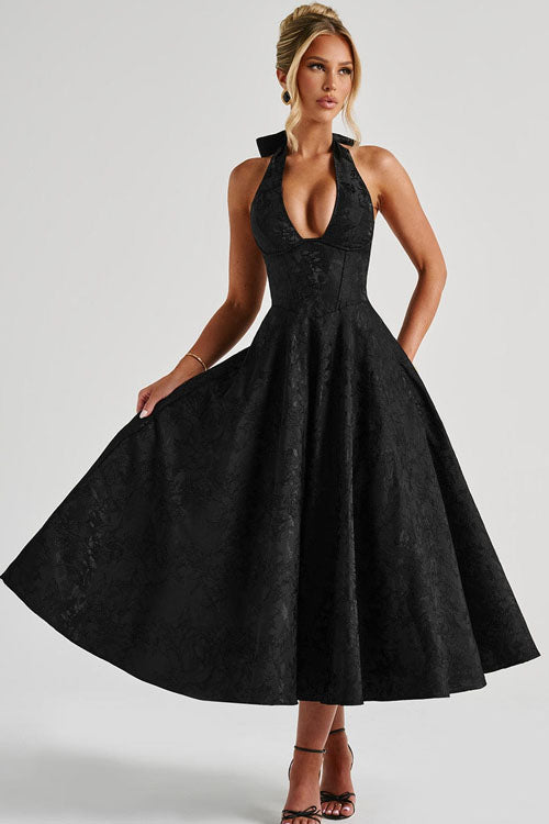 Genevieve | V-Neck Halterneck Sleeveless Jacquard Maxi Dress