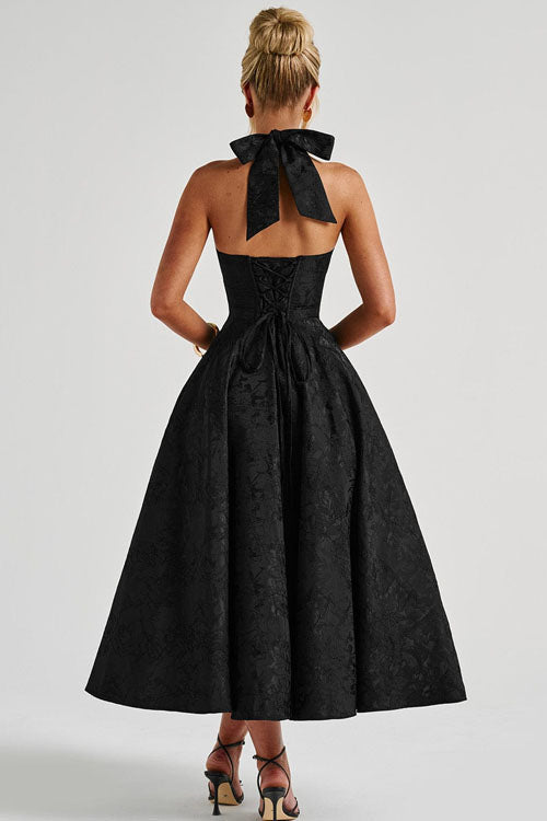 Genevieve | V-Neck Halterneck Sleeveless Jacquard Maxi Dress
