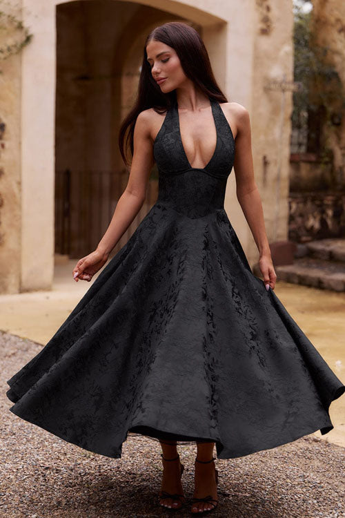 Genevieve | V-Neck Halterneck Sleeveless Jacquard Maxi Dress