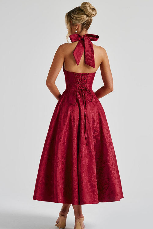 Genevieve | V-Neck Halterneck Sleeveless Jacquard Maxi Dress