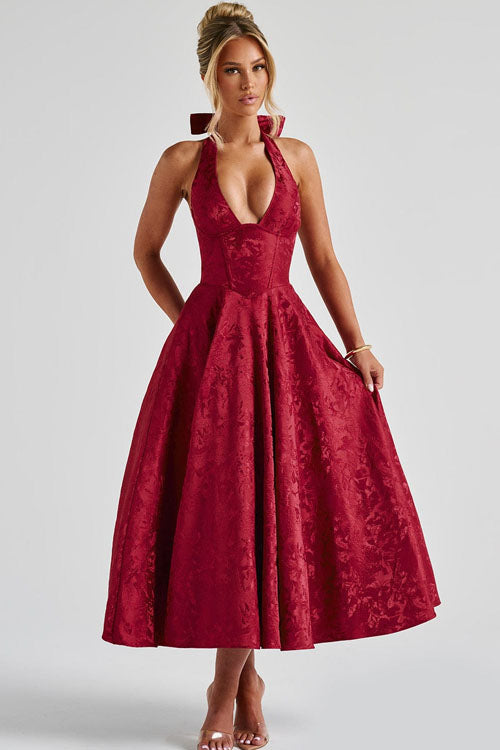 Genevieve | V-Neck Halterneck Sleeveless Jacquard Maxi Dress