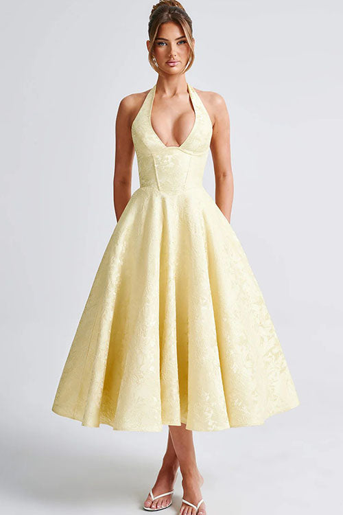Genevieve | V-Neck Halterneck Sleeveless Jacquard Maxi Dress