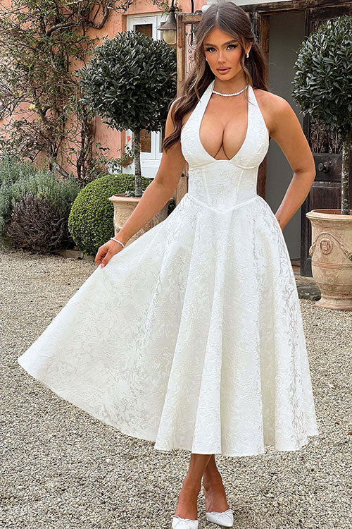 Genevieve | V-Neck Halterneck Sleeveless Jacquard Maxi Dress