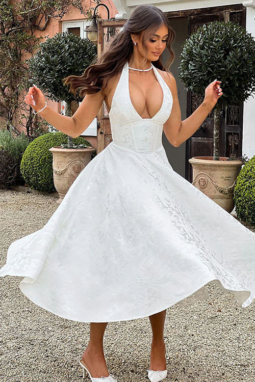 Genevieve | V-Neck Halterneck Sleeveless Jacquard Maxi Dress