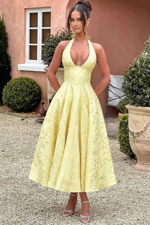 Genevieve | V-Neck Halterneck Sleeveless Jacquard Maxi Dress
