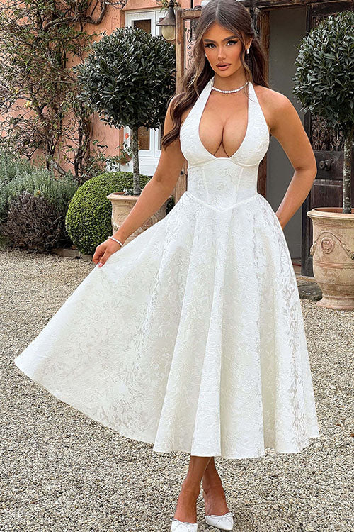 Genevieve | V-Neck Halterneck Sleeveless Jacquard Maxi Dress