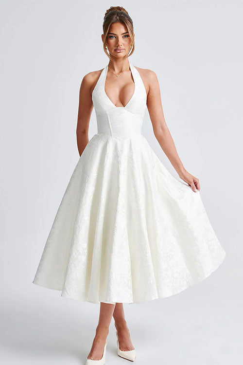 Genevieve | V-Neck Halterneck Sleeveless Jacquard Maxi Dress