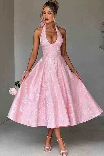 Genevieve | V-Neck Halterneck Sleeveless Jacquard Maxi Dress