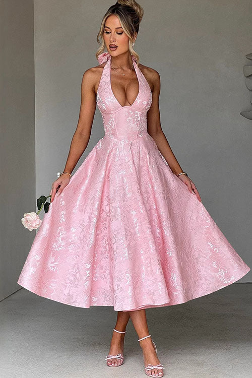 Genevieve | V-Neck Halterneck Sleeveless Jacquard Maxi Dress