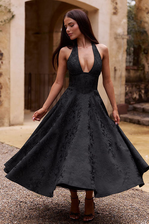 Genevieve | V-Neck Halterneck Sleeveless Jacquard Maxi Dress
