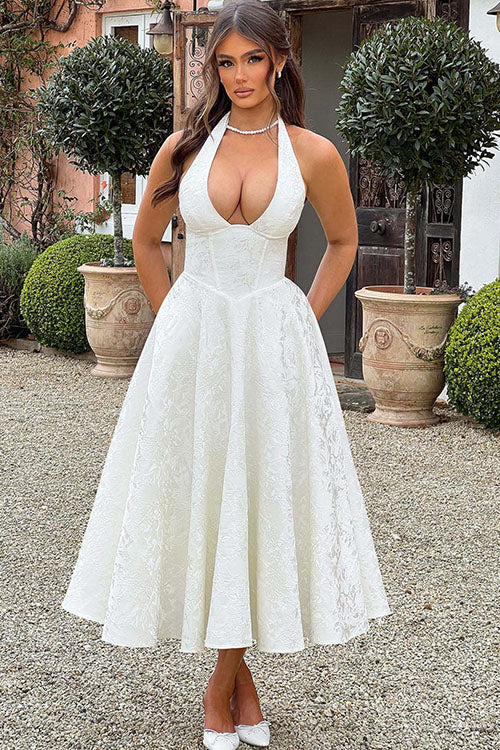 Genevieve | V-Neck Halterneck Sleeveless Jacquard Maxi Dress