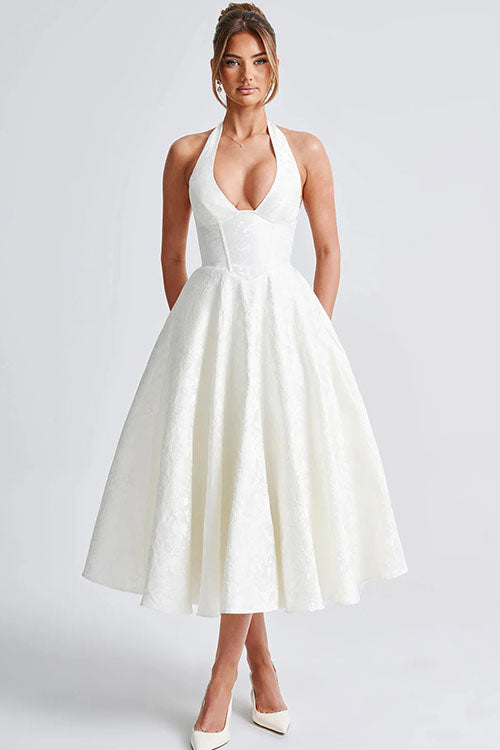 Genevieve | V-Neck Halterneck Sleeveless Jacquard Maxi Dress