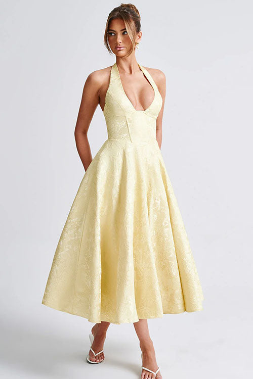 Genevieve | V-Neck Halterneck Sleeveless Jacquard Maxi Dress