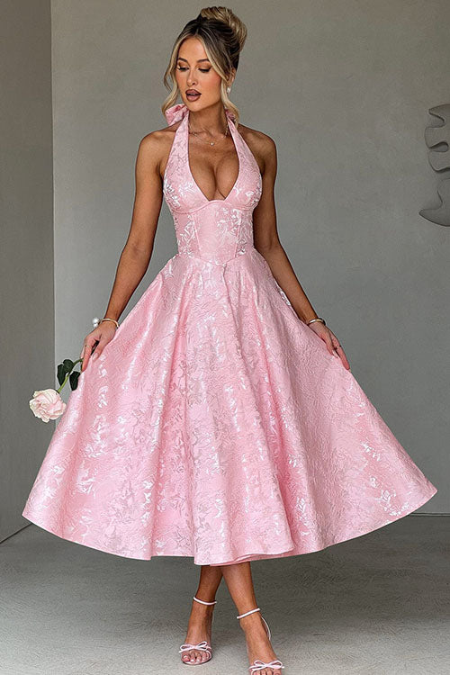 Genevieve | V-Neck Halterneck Sleeveless Jacquard Maxi Dress