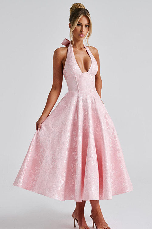 Genevieve | V-Neck Halterneck Sleeveless Jacquard Maxi Dress