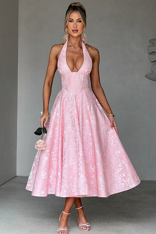 Genevieve | V-Neck Halterneck Sleeveless Jacquard Maxi Dress