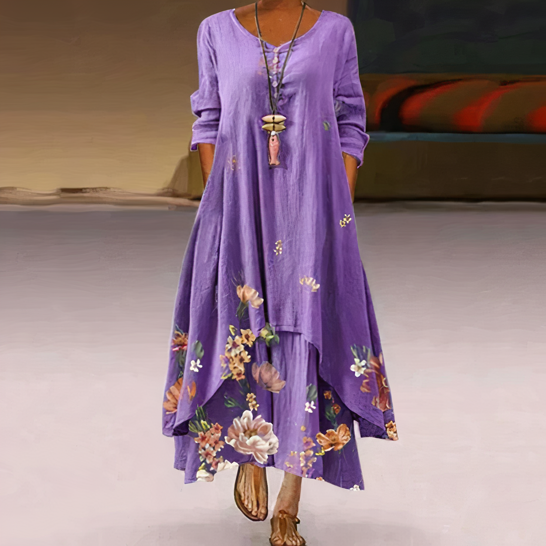 Flora | Women's Floral Print Long Sleeve Loose Maxi Dress