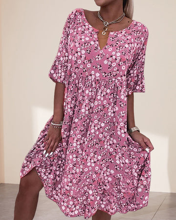 Evabelle | Women's Floral Print Midi Dress with V-Neck and Short Sleeves
