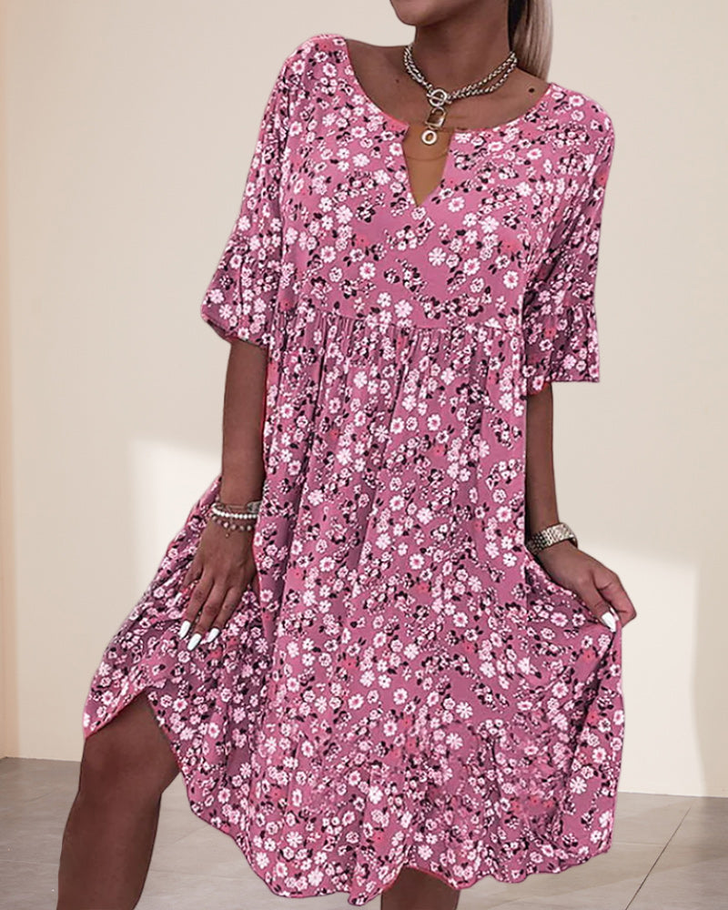 Evabelle | Women's Floral Print Midi Dress with V-Neck and Short Sleeves
