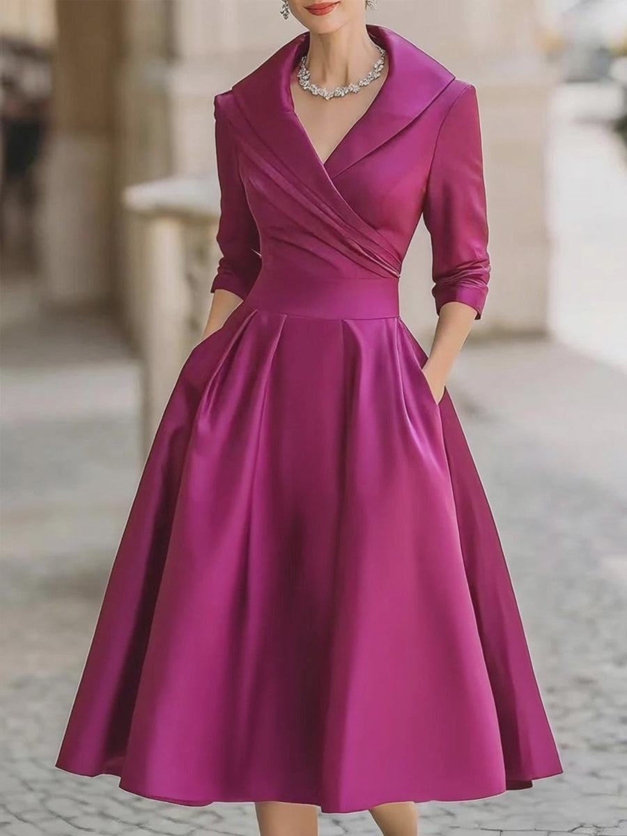 Beatrice | Women¡äs Retro Satin Midi Dress Featuring a Draped Collar