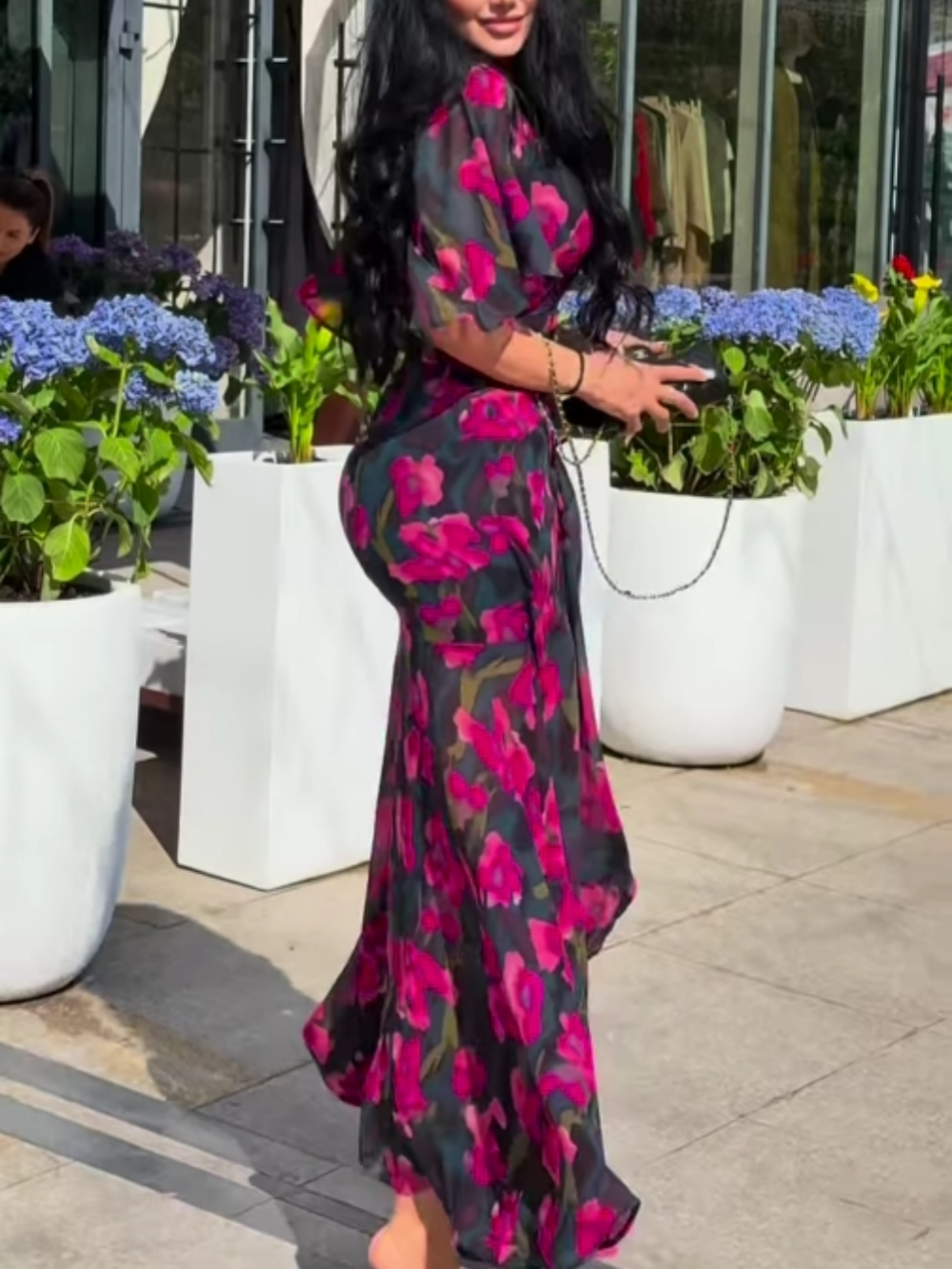 Elovelle | Women's Printed Dress with V-Neck and Trumpet Sleeves