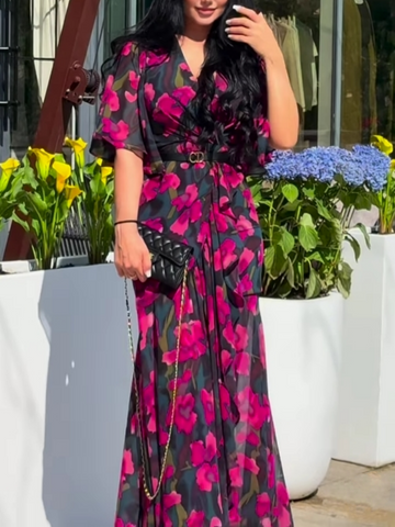 Elovelle | Women's Printed Dress with V-Neck and Trumpet Sleeves