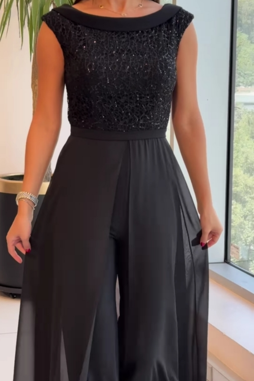 Ainsley | Women's Textured-Panel Jumpsuit with Crew Neck and Versatile Style