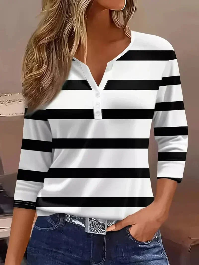 Genevieve | Striped V-Neck Top with Short Sleeves