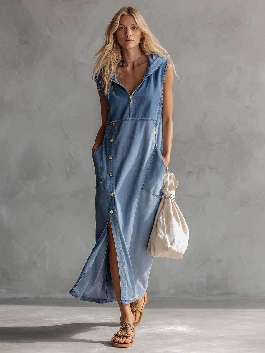 Delaney | Exquisite Vintage Casual Hooded V-neck Zipper Side Slits Buttons Blue Denim Midi Dress