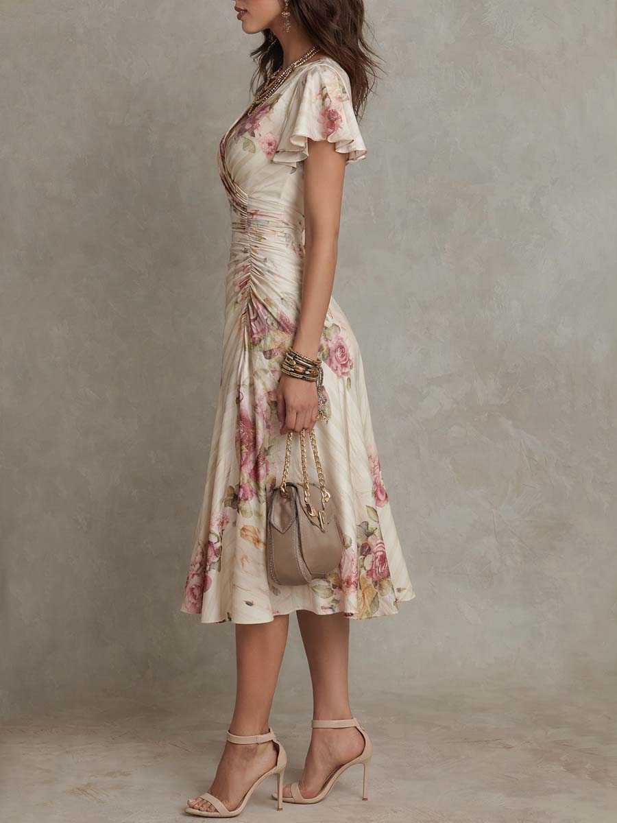Delilah | Chic Vintage Floral Chiffon Midi Dress