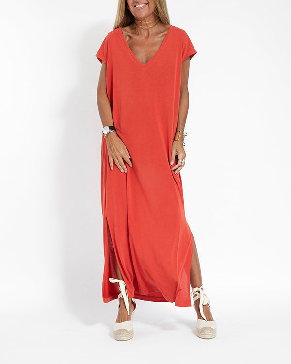 Coral | Women's V-Neck Short Sleeve Side Slit Maxi Dress