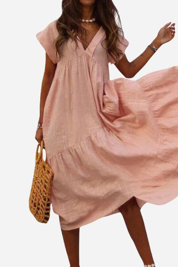 Amaya | Women's V-Neck Midi Dress with Tiered Design and Flutter Sleeves