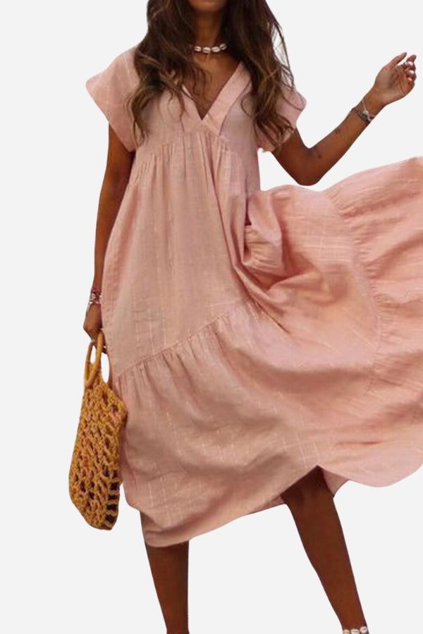 Amaya | Women's V-Neck Midi Dress with Tiered Design and Flutter Sleeves