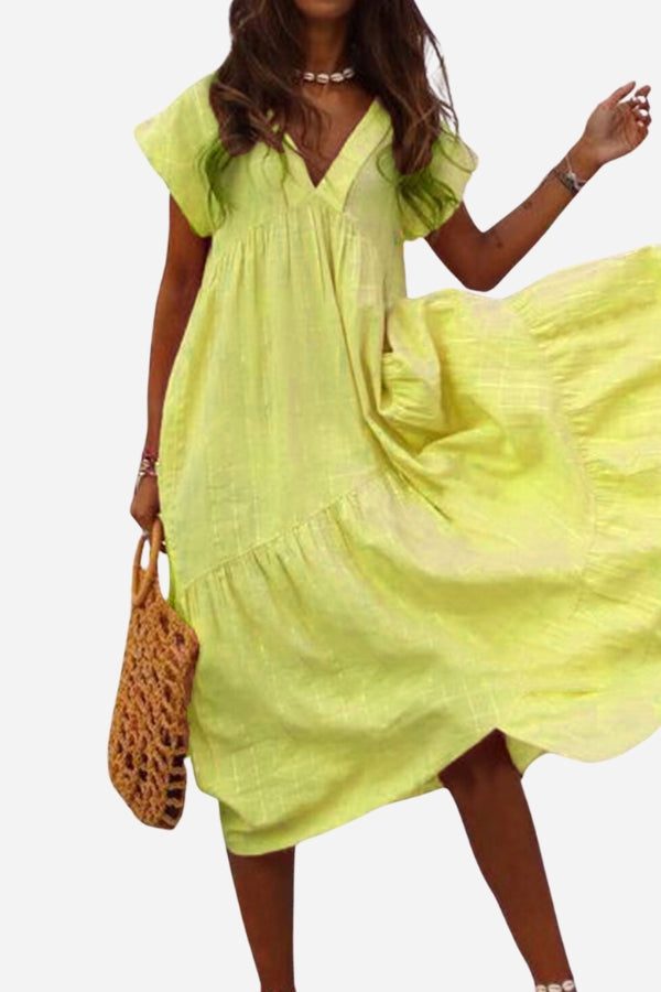 Amaya | Women's V-Neck Midi Dress with Tiered Design and Flutter Sleeves